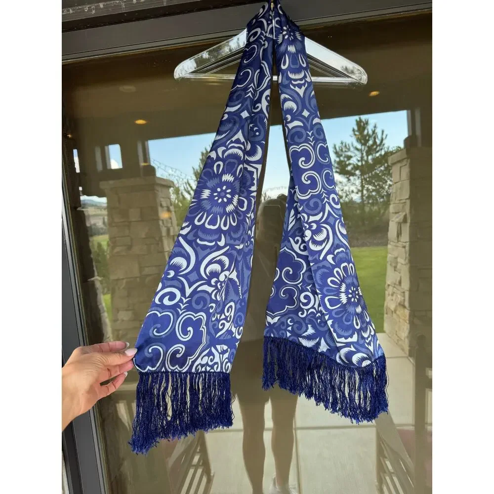 Shanghai Tang Blue White Ornamental Print 100% Silk Fringe Scarf